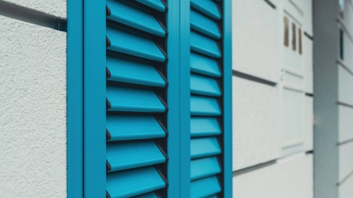 Aluminum shutters on windows, close up with selective focus