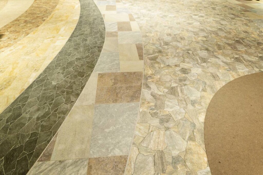 Many kinds of stone flooring in shopping mall. Close-up of interior material for design decoration background