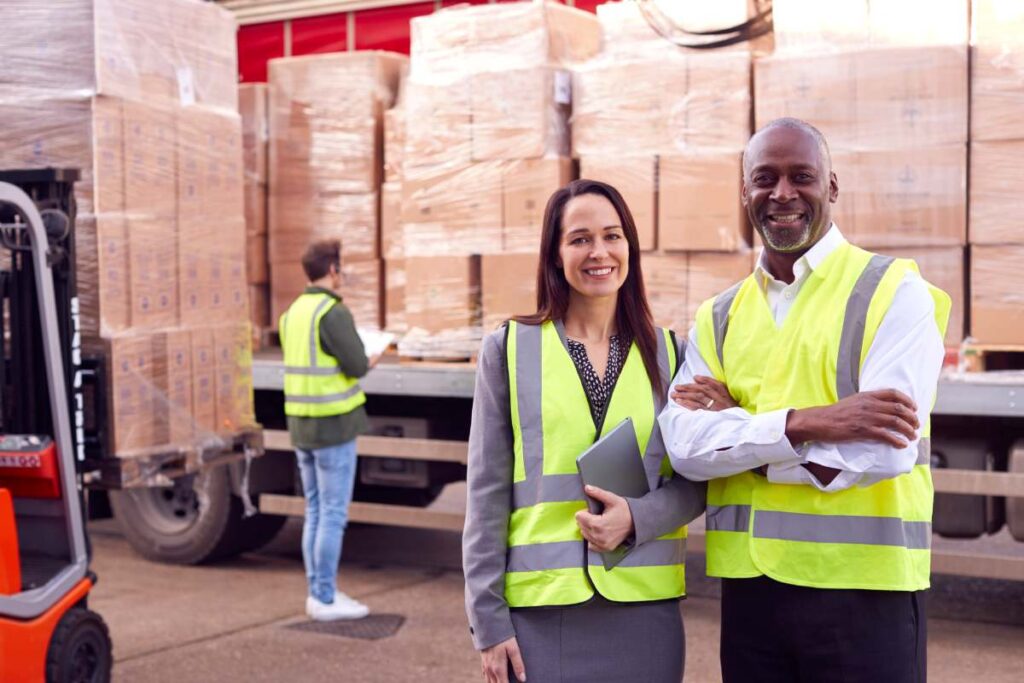 Portrait Of Multi-Cultural Freight Haulage Team Standing By Truck Being Loaded By Fork Lift